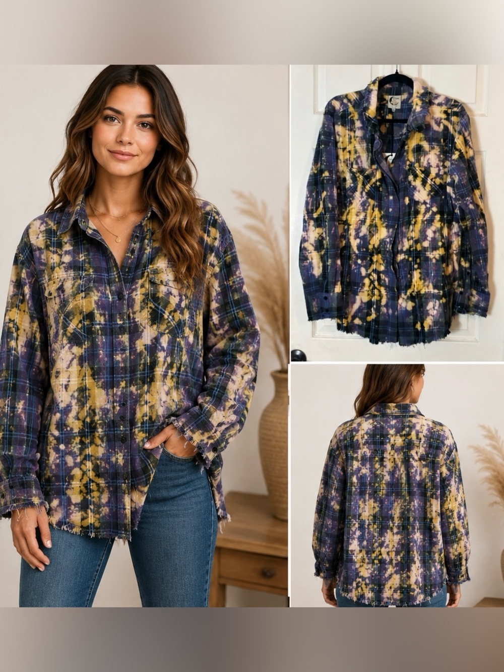 Jaded Gypsy Bleached Plaid Button Down Shirt S Purple Yellow